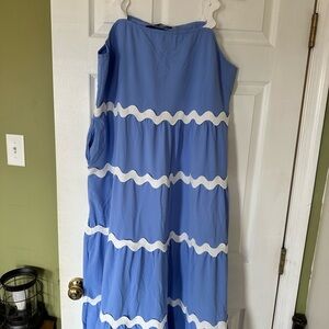 Sleeveless Light Blue Maxi Dress with White Wave Trim